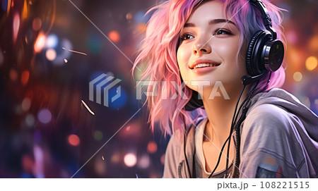 A young blogger or gamer of bright appearance, with pink hair, records podcast. Girl Student Streamer conducts a review, 108221515