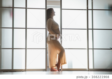 A pregnant woman in a long beige dress stands in profile between the folding doors. 108221908