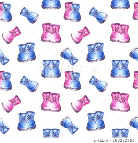 Baby blue and pink booties, shoes seamless pattern Boy or girl Watercolor hand draw illustration isolated on white background Repeating design for birthday, newborn gender reveal party wallpaper print Baby blue and pink booties, shoes seamless pattern Boy or girl Watercolor hand draw illustration isolated on white background Repeating design for birthday, newborn gender reveal party wallpaper print 108222363