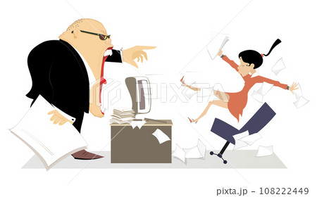 Angry boss and employee woman. Angry chief scolds his frightened employee woman falling from the chair 108222449