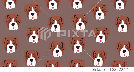 Vector seamless pattern with cute bulldog dog faces. Dog pattern on brown background. Vector illustration 108222473