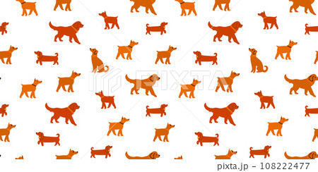 Vector seamless pattern with brown dogs walking on white background. Vector illustration 108222477