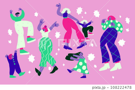 Vector illustration with dancing people with stars on violet background. Dancing people doodles. Happy family, party people. Vector illustration 108222478