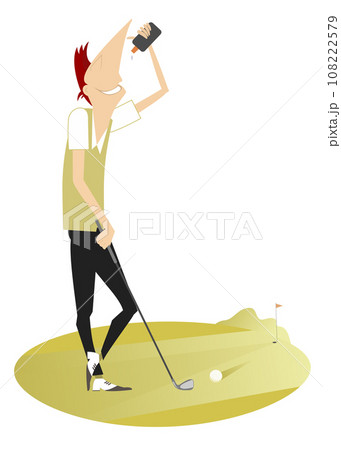Young man playing golf. Illustration. Cartoon man holding golf club and drinking water. Isolated on white background 108222579