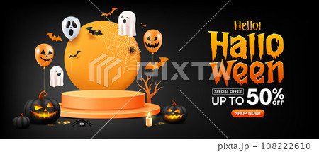 Happy Halloween sale, two podiums overlapped, black pumpkins 108222610