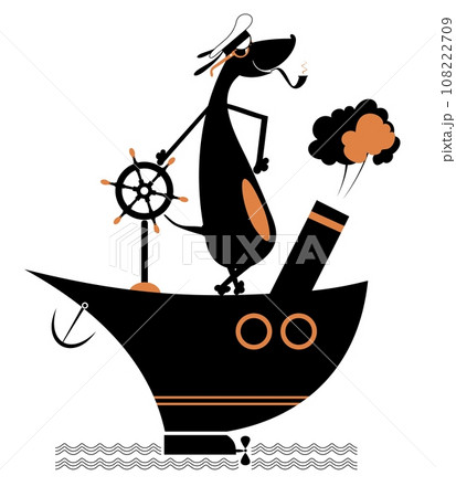 Cartoon dog a captain of the ship. Brave dog a captain of the ship smoking a pipe. Isolated on white background 108222709