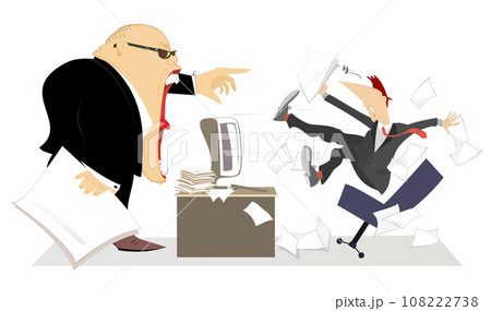 Angry boss and employee. Angry chief scolds his frightened employee falling from the chair Angry boss and employee. Angry chief scolds his frightened employee falling from the chair 108222738