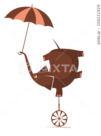 Elephant riding on the unicycle. Funny elephant with umbrella balances on the unicycle. Isolated on white Elephant riding on the unicycle. Funny elephant with umbrella balances on the unicycle. Isolated on white 108222829