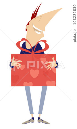 Cartoon young man holding a gift box. Happy smiling man holds a big present box. Isolated on white background illustration Cartoon young man holding a gift box. Happy smiling man holds a big present box. Isolated on white background illustration 108222830