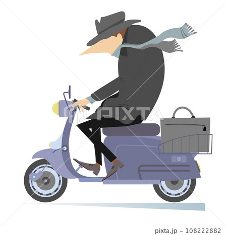 Rainy and windy day and man rides a scooter. Man rides a scooter under the strong wind and rain. Isolated on white background 108222882