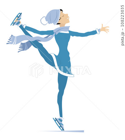 Skating young woman illustration. Winter sport. Skating young woman in blue clothes. Isolated on white background 108223035