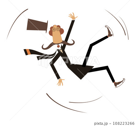 Falling down skater man illustration. Cartoon skater man in the top hat slipped on ice. Isolated on white background 108223266