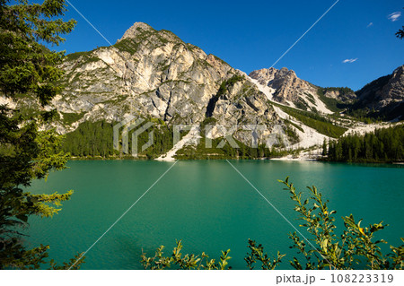 View of Braies Lake in Dolomites mountains, South Tyrol, Italy View of Braies Lake in Dolomites mountains, South Tyrol, Italy 108223319