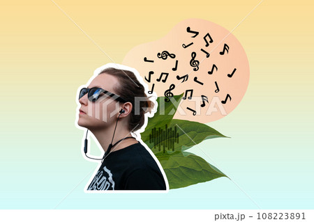 Young woman headphones with musical notes cloud social media ad creative digital art collage. Listen to music play sound Young woman headphones with musical notes cloud social media ad creative digital art collage. Listen to music play sound 108223891