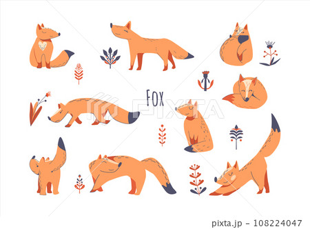 Set of cute foxes with plant elements. Suitable for childrens prints on textiles. Vector hand drawn style illustration isolated on white background 108224047