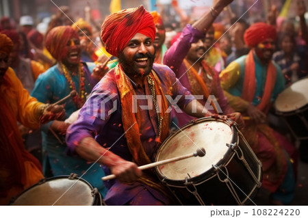 Joyful portrait of Hindu man featuring smiling musician drummer in tradition clothes, covered in vibrant powder, during spirited celebration of Holi festival in India. Generative AI Joyful portrait of Hindu man featuring smiling musician drummer in tradition clothes, covered in vibrant powder, during spirited celebration of Holi festival in India. Generative AI 108224220