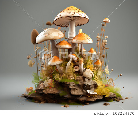 Different types of glowing mystical mushrooms, fantasy mushroom forest with bokeh 108224370