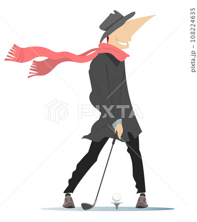 Golfer man on the golf course illustration. Bad weather. Golfer man in the hat and scarf with a golf club tries to do a good shot. Isolated on white 108224635