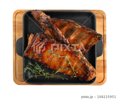 Tasty grilled ribs with thyme isolated on white, top view Tasty grilled ribs with thyme isolated on white, top view 108225951
