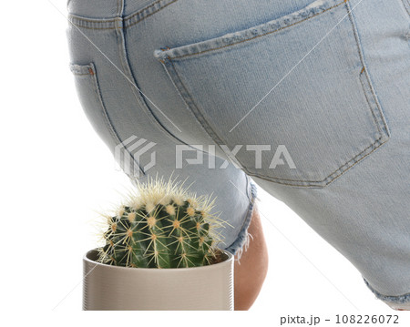 Man sitting down on cactus against white background, closeup. Hemorrhoid concept 108226072
