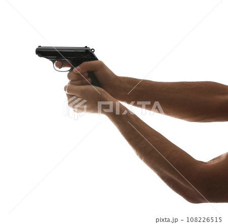 Professional killer with gun on white background, closeup Professional killer with gun on white background, closeup 108226515
