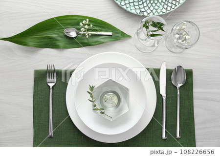 Elegant festive setting on white wooden table, flat lay 108226656