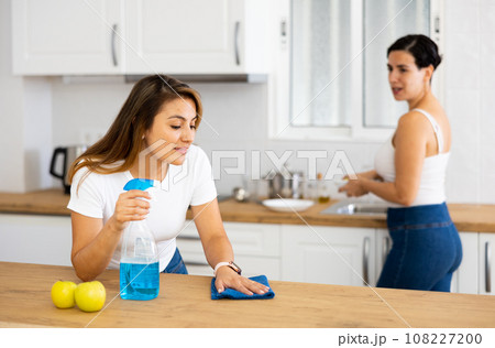 Woman cleaning countertop in kitchen while friend washes dishes 108227200