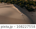 A happy family is traveling in Turkey. Vacation in Turkey, Patara. Tourists walk on the sand on the beach of Patara, Turkey. A traveling family. People on a sand dune. Vacation in Dubai. Copy space 108227558