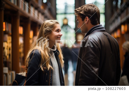 women and man in a large library chooses a book AI generated 108227603