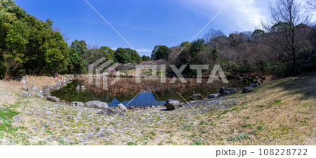 春の兆しに映える梅の木と桜ヶ池女池パノラマ風景［蓮華院誕生寺奥之院］熊本県玉名市 108228722