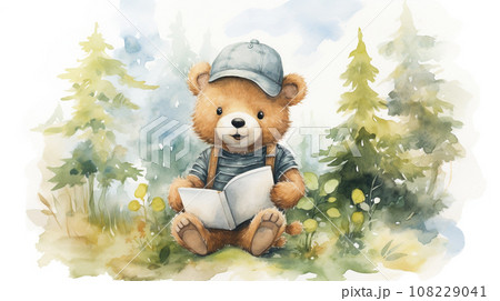 little bear reading a book with watercolor painting green leaves in forest on white background. generative AI 108229041