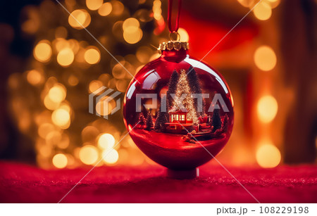 赤く燃える暖炉を背景にオーナメントに映る雪景色 108229198