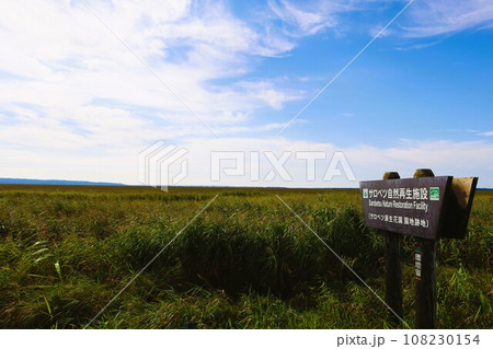 日本最大の高層湿原、北海道の利尻礼文サロベツ国立公園、サロベツの原野で洋上の利尻島を眺める、その夕日 日本最大の高層湿原、北海道の利尻礼文サロベツ国立公園、サロベツの原野で洋上の利尻島を眺める、その夕日 108230154
