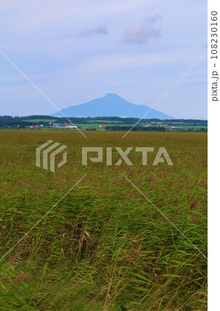日本最大の高層湿原、北海道の利尻礼文サロベツ国立公園、サロベツの原野で洋上の利尻島を眺める、その夕日 日本最大の高層湿原、北海道の利尻礼文サロベツ国立公園、サロベツの原野で洋上の利尻島を眺める、その夕日 108230160
