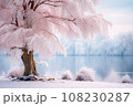 Beautiful winter landscape with snow covered trees on the shore of lake. Selective focus 108230287