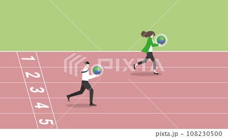 A leader businesswoman and follower employee hold earth, run on a race track. A leader businesswoman and follower employee hold earth, run on a race track. 108230500