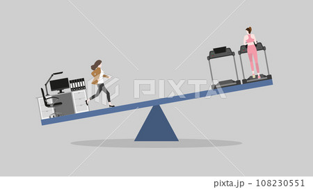 A woman runs on a seesaw between working table and cardio running on a treadmill at a fitness center. A woman runs on a seesaw between working table and cardio running on a treadmill at a fitness center. 108230551