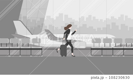 Business trip, a businesswoman runs to a flight at an international airport terminal 108230630