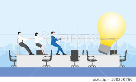 Leader businessman and teamwork pull a rope with a big light bulb Leader businessman and teamwork pull a rope with a big light bulb 108230766
