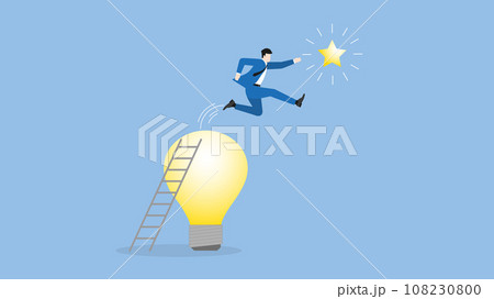 A businessman climbs up ladder and jumps from light bulb to grab a star A businessman climbs up ladder and jumps from light bulb to grab a star 108230800