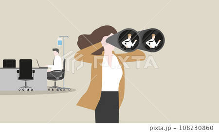 HR businesswoman uses binoculars to find a candidate replace a sick employee, saline drip. 108230860