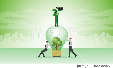 A visionary businessman uses binoculars on a tree lightbulb with team support. A visionary businessman uses binoculars on a tree lightbulb with team support. 108230905