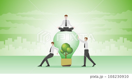 A calm businessman sits and meditates on a tree lightbulb with team support. A calm businessman sits and meditates on a tree lightbulb with team support. 108230910