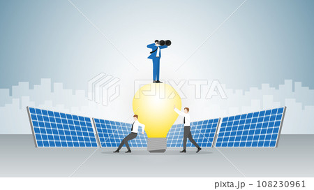 Visionary businessman uses binoculars on light bulb powered by solar cells with team support. Visionary businessman uses binoculars on light bulb powered by solar cells with team support. 108230961