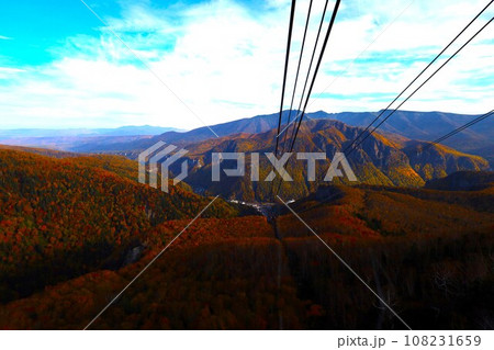 燃える秋、錦秋の北海道、十月、層雲峡の紅葉、黒岳ロープウェイ、ロープウェーで登る黒岳、赤黄色の紅葉 108231659