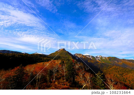 燃える秋、錦秋の北海道、十月、層雲峡の紅葉、黒岳ロープウェイ、ロープウェーで登る黒岳、赤黄色の紅葉 108231664