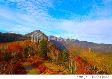燃える秋、錦秋の北海道、十月、層雲峡の紅葉、黒岳ロープウェイ、ロープウェーで登る黒岳、赤黄色の紅葉 108231682