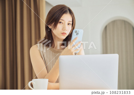 リビングでパソコンを使う女性 リビングでパソコンを使う女性 108231833