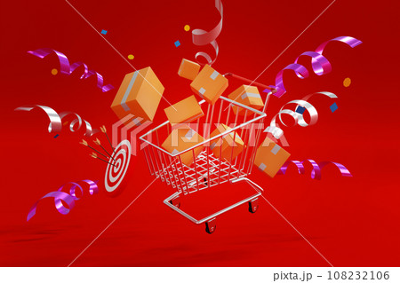 Shopping cart trolley with paper boxes parcel surrounded for shopping and supermarket concept. 3d rendering. Shopping cart trolley with paper boxes parcel surrounded for shopping and supermarket concept. 3d rendering. 108232106