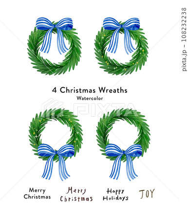 ブルーストライプの大きなリボンのついたシンプルでおしゃれなクリスマスリース  水彩タッチ   108232238